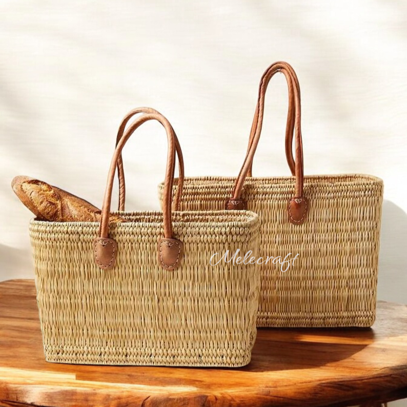 Handmade Moroccan Straw Tote with Leather Handles: Long Handles, 3 sizes