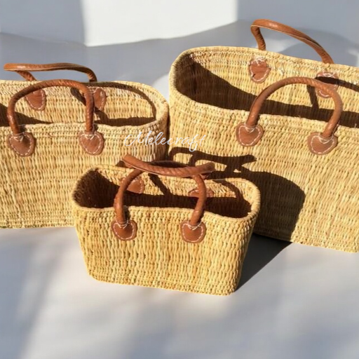 Handmade Moroccan Straw Tote with Leather Handles: Long Handles, 3 sizes