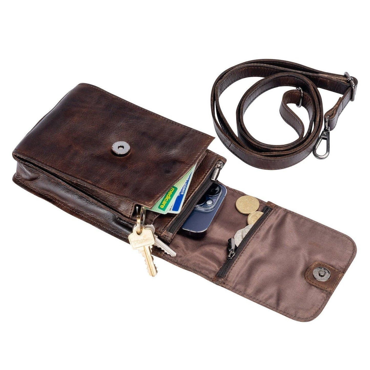 Brown leather crossbody bag with compartments and a strap on a white background
