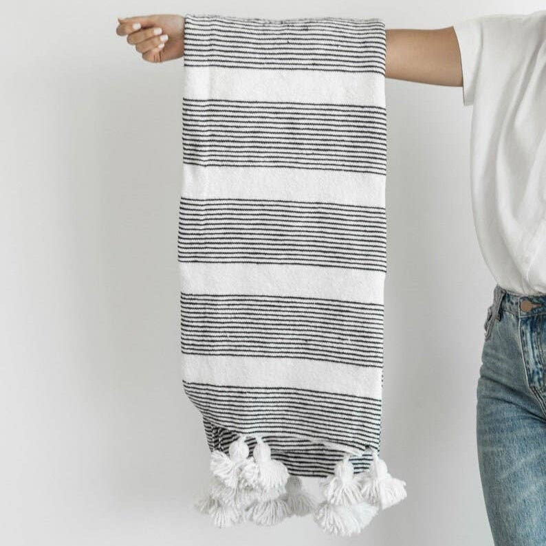 Striped Handwoven Cotton Blanket with Tassels, Black & White: 1.5 x 2 m