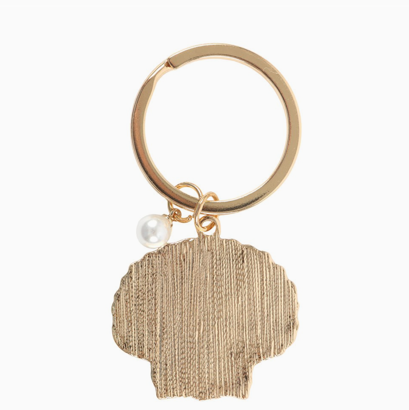 Gold keychain with a textured pendant and pearl charm on a white background