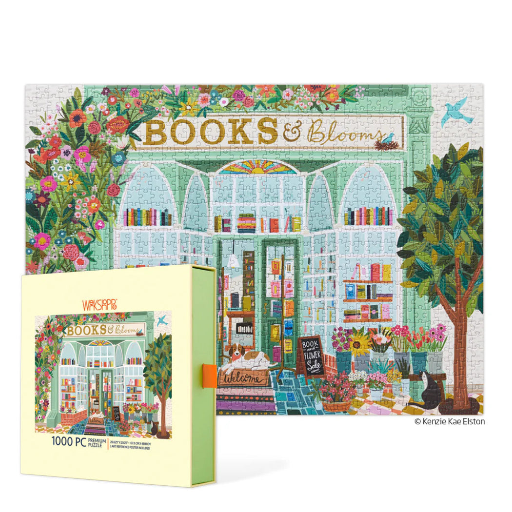 Jigsaw puzzle box with a colorful design of a bookshop and flowers, featuring the text 'Books & Blooms'.