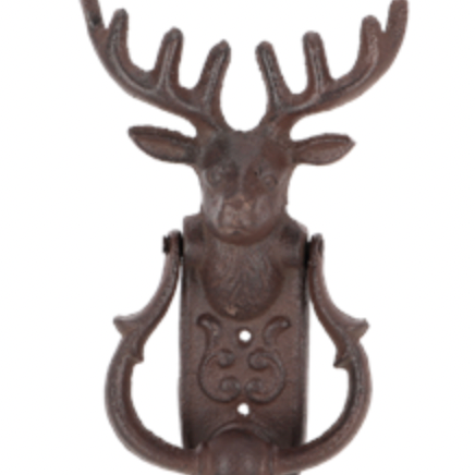 Decorative door knocker shaped like a deer head on a white background