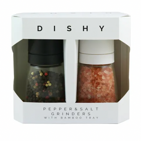 Dishy pepper and salt grinders set with packaging on a white background