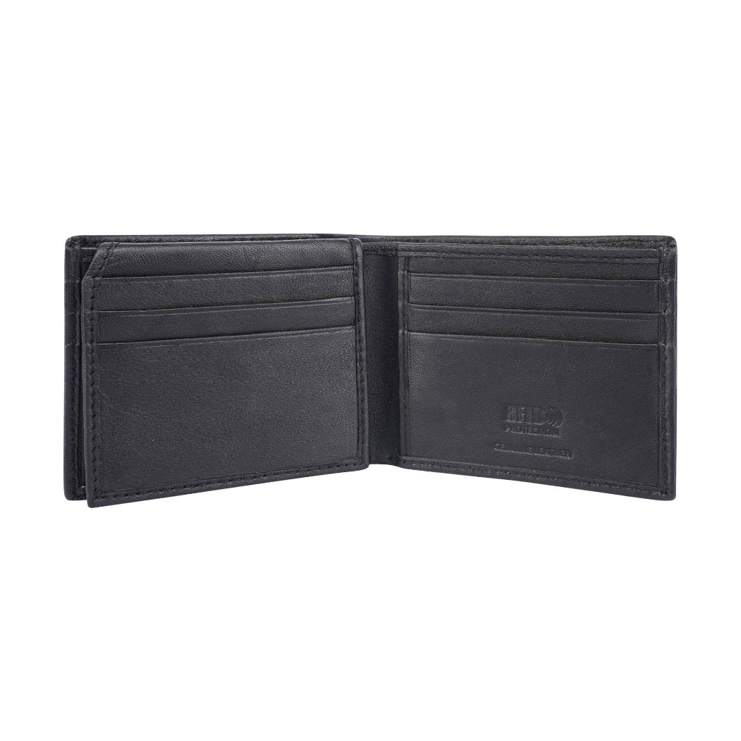 Black leather wallet open on a white background