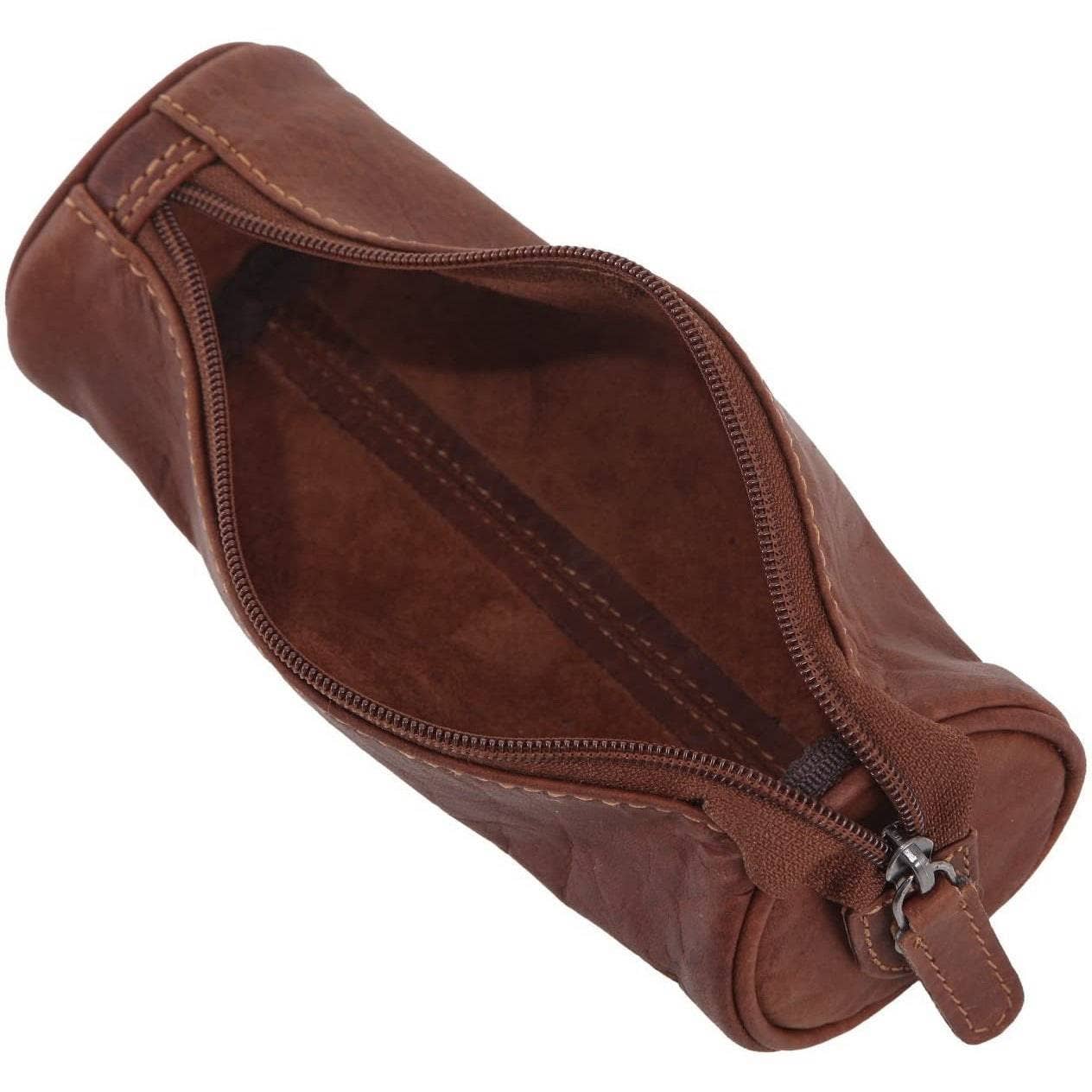Brown leather toiletry bag with zipper on a white background