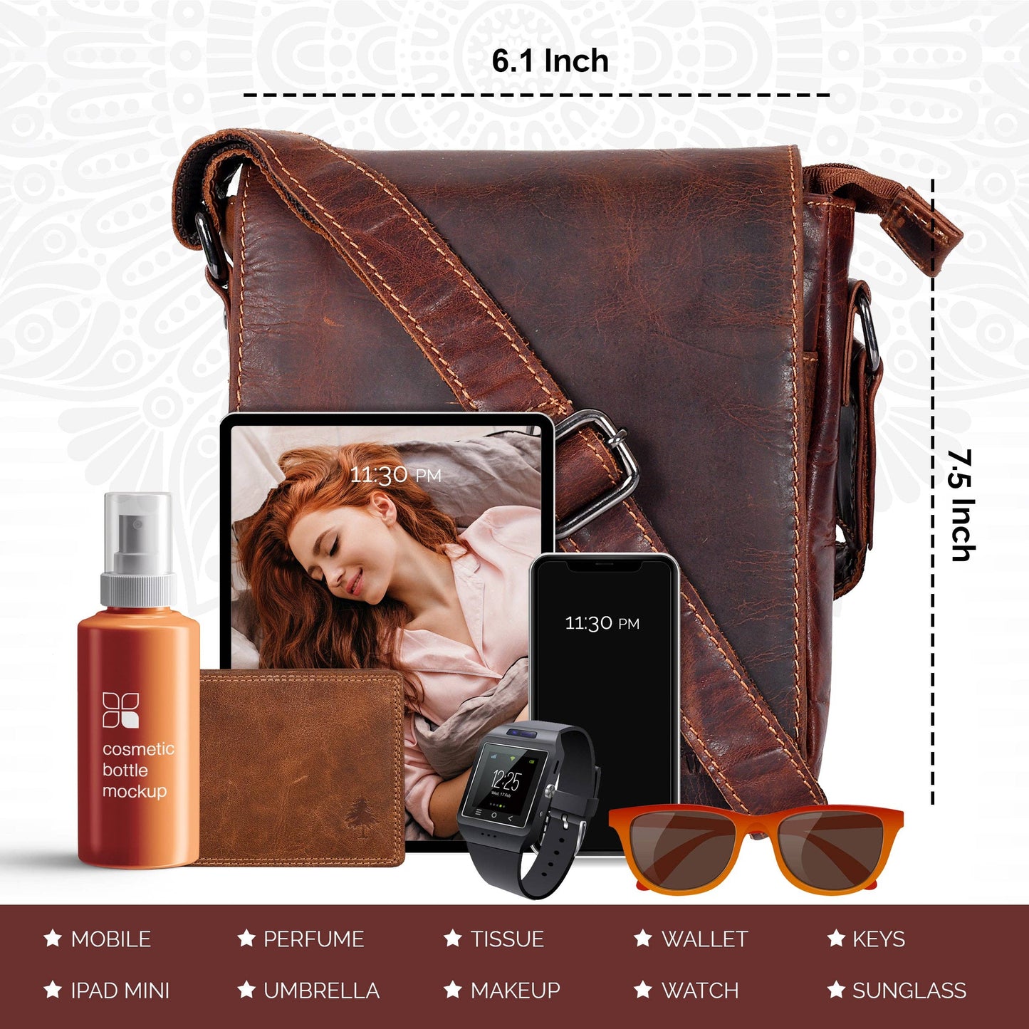 Brown leather crossbody bag with smartphone, cosmetic bottle, wallet, smartwatch, and sunglasses on a white background.