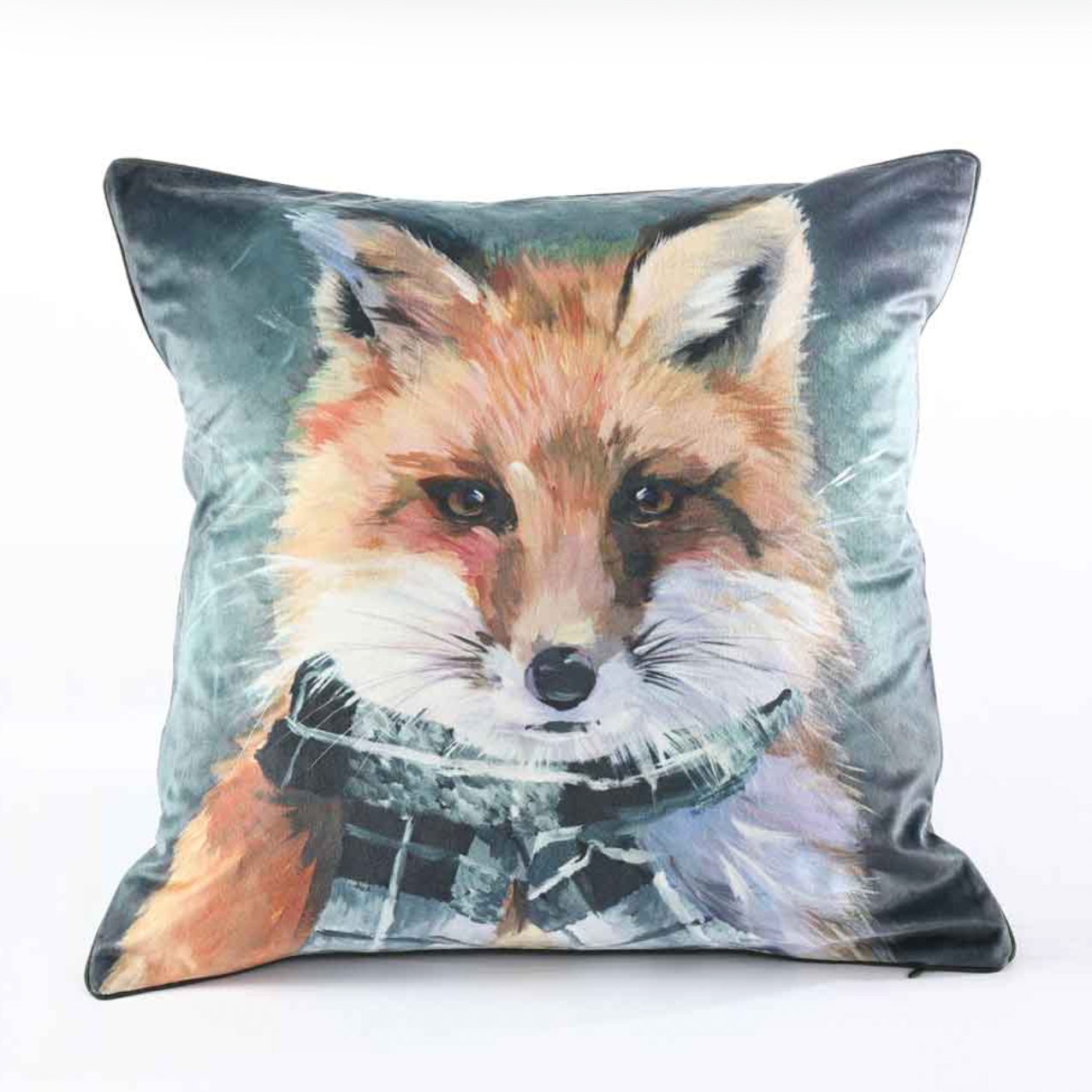 Pillow with a fox design wearing a scarf on a white background