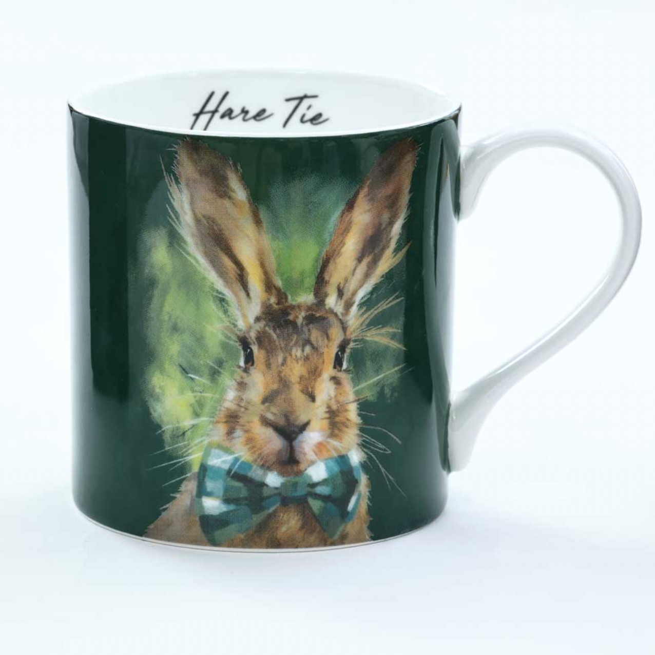 Mug with a rabbit design and 'Hare Tie' text on a white background