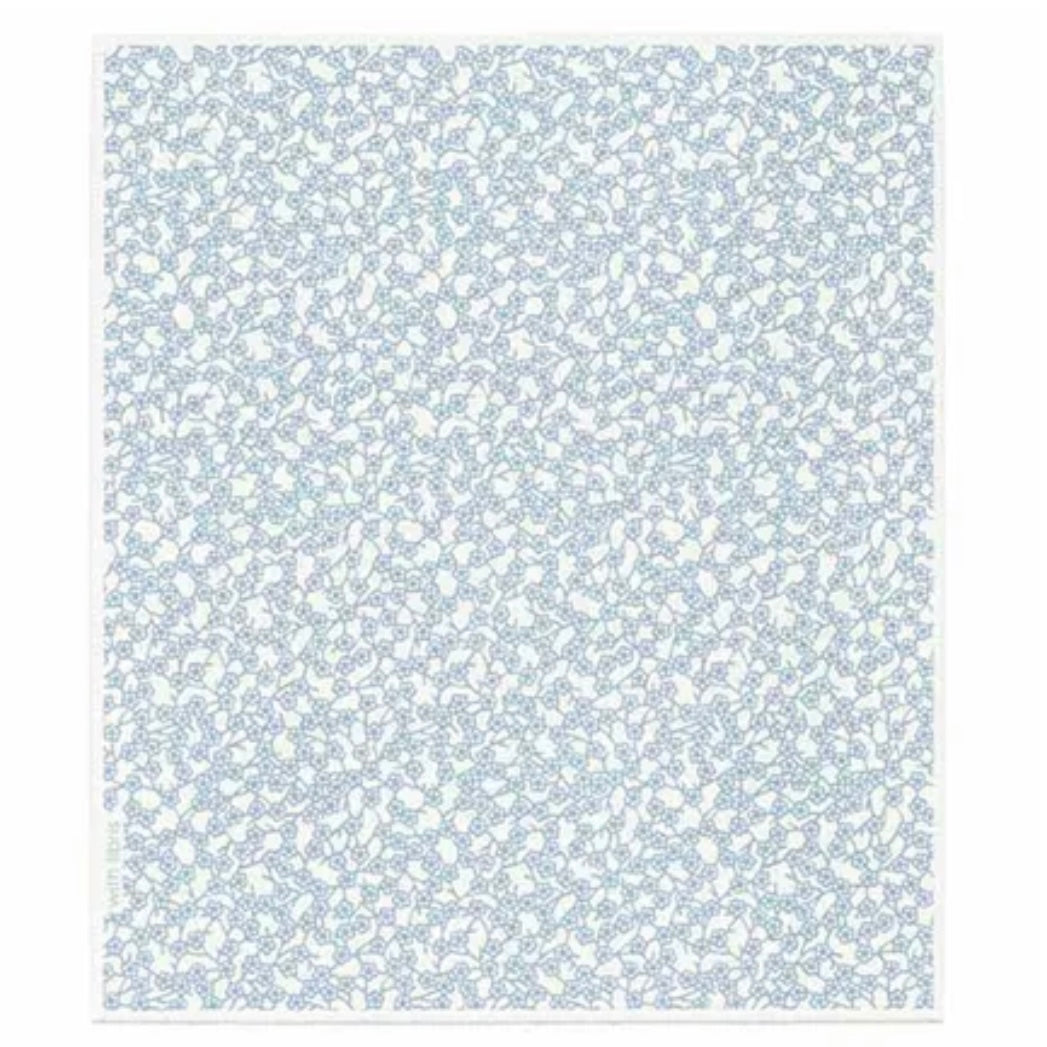 A square textile or fabric sample with a dense small-scale floral pattern in light blue and white, shown flat against a white background.