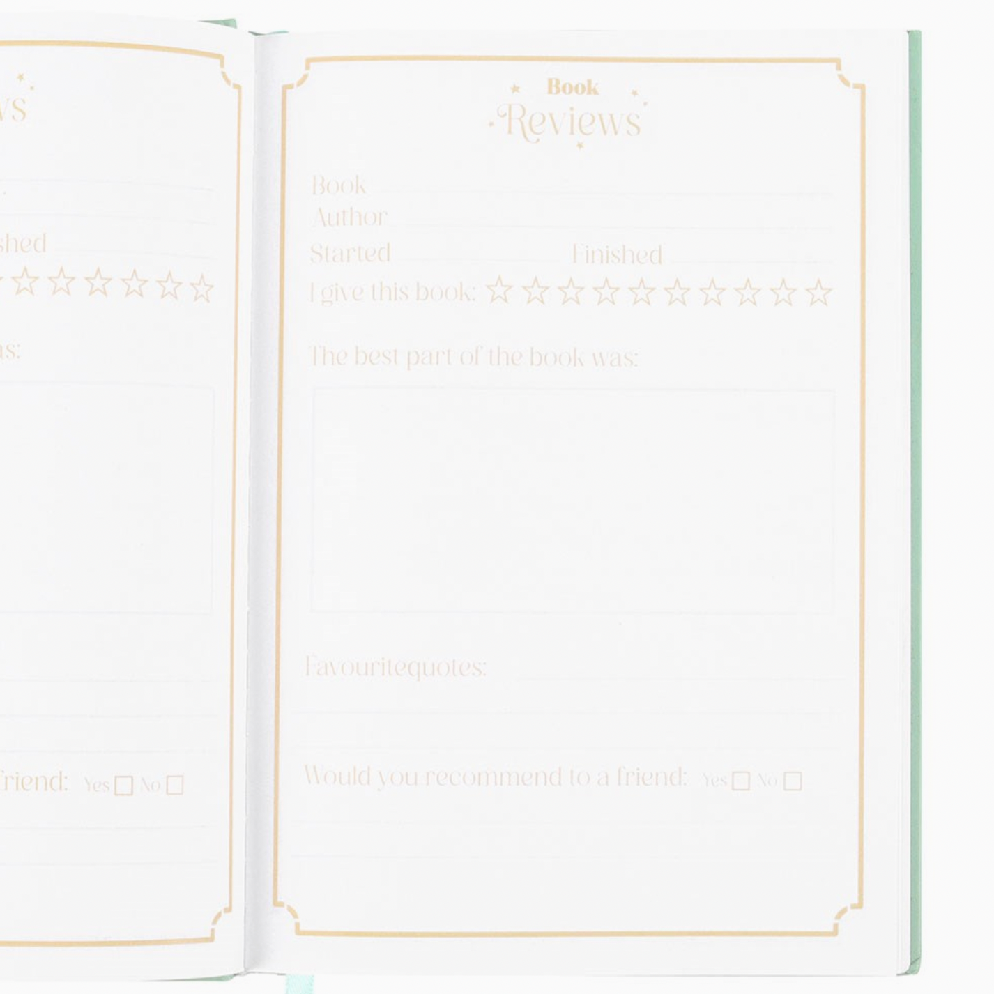 Open book with text and star ratings on a white background