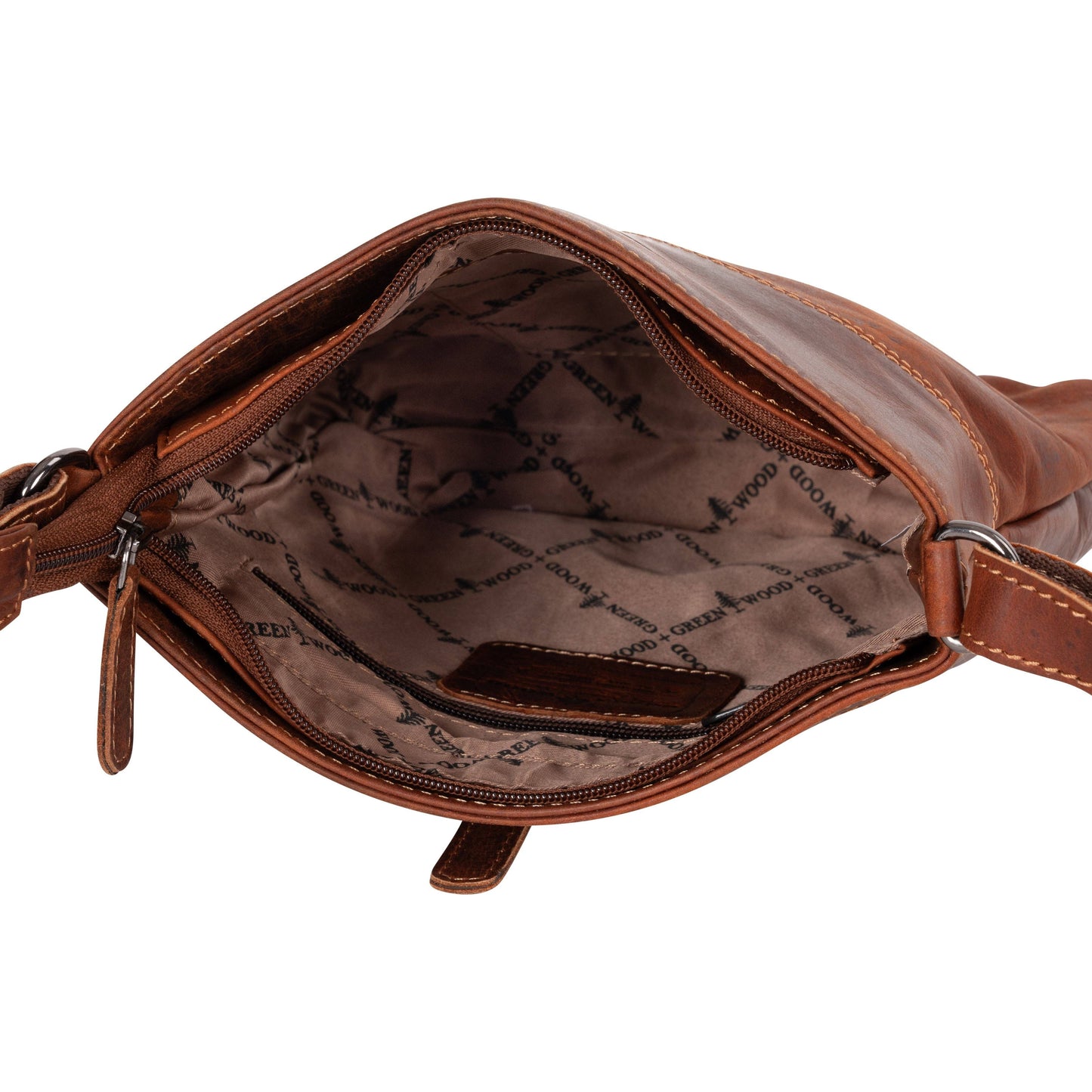 Brown leather bag with quilted interior on a white background