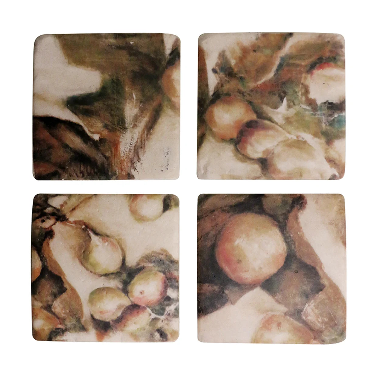 Set of four square coasters with artistic fruit design on a white background
