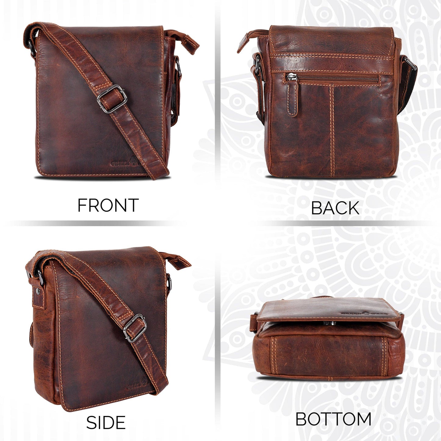 Brown leather bag shown from front, back, side, and bottom angles on a white background.