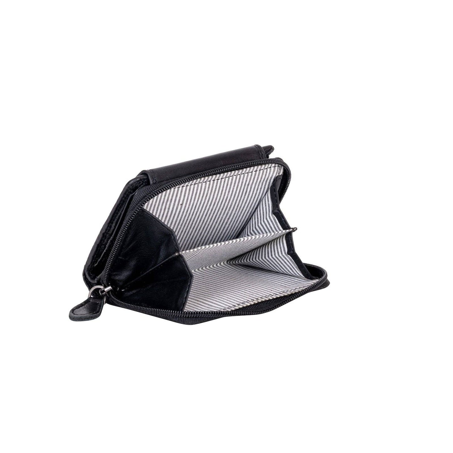 An open black leather wallet showing a striped interior lining, photographed on a solid white background.