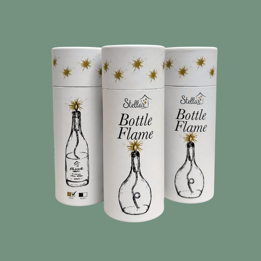 Three cylindrical packaging tubes for 'Bottle Flame' products with illustrations and text on a green background.