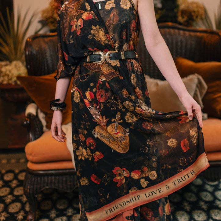 Heart of Gold Scarf with Swallows & Sacred Heart