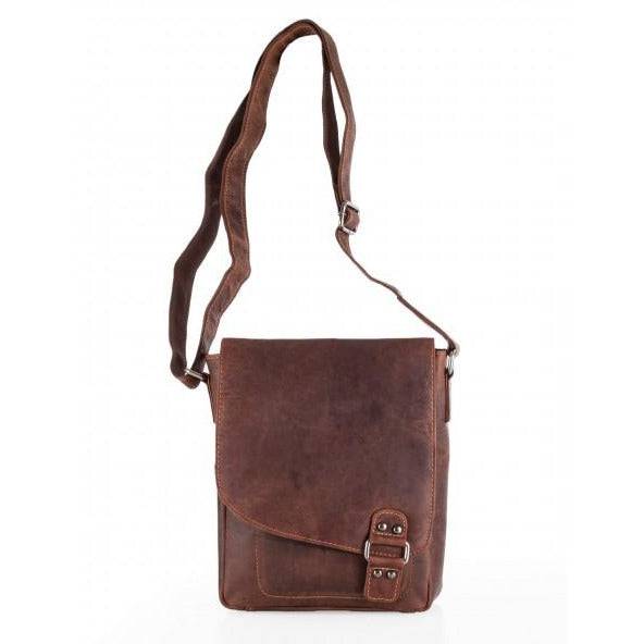 Brown leather crossbody bag on a white background