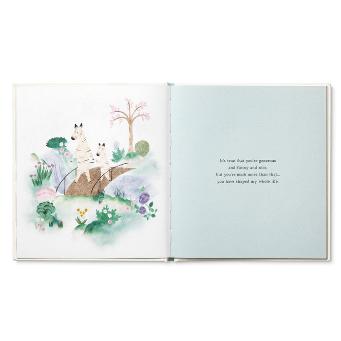 Open book with illustrations of animals and nature on one page and text on the other, on a white background.