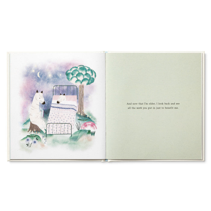 An open children's book with a watercolor illustration on the left page showing a white cat sitting by a bed, and a pale green page on the right with small printed text.