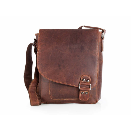 Brown leather messenger bag on a white background