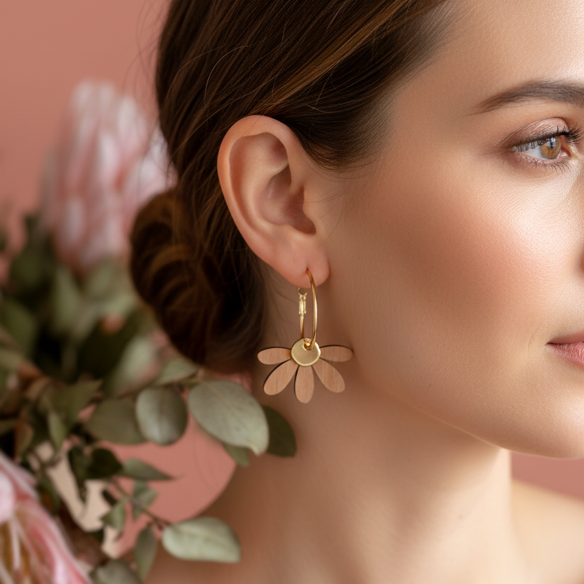 Woman wearing gold flower earrings with a soft pink background
