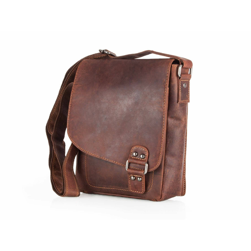 Brown leather satchel bag on a white background