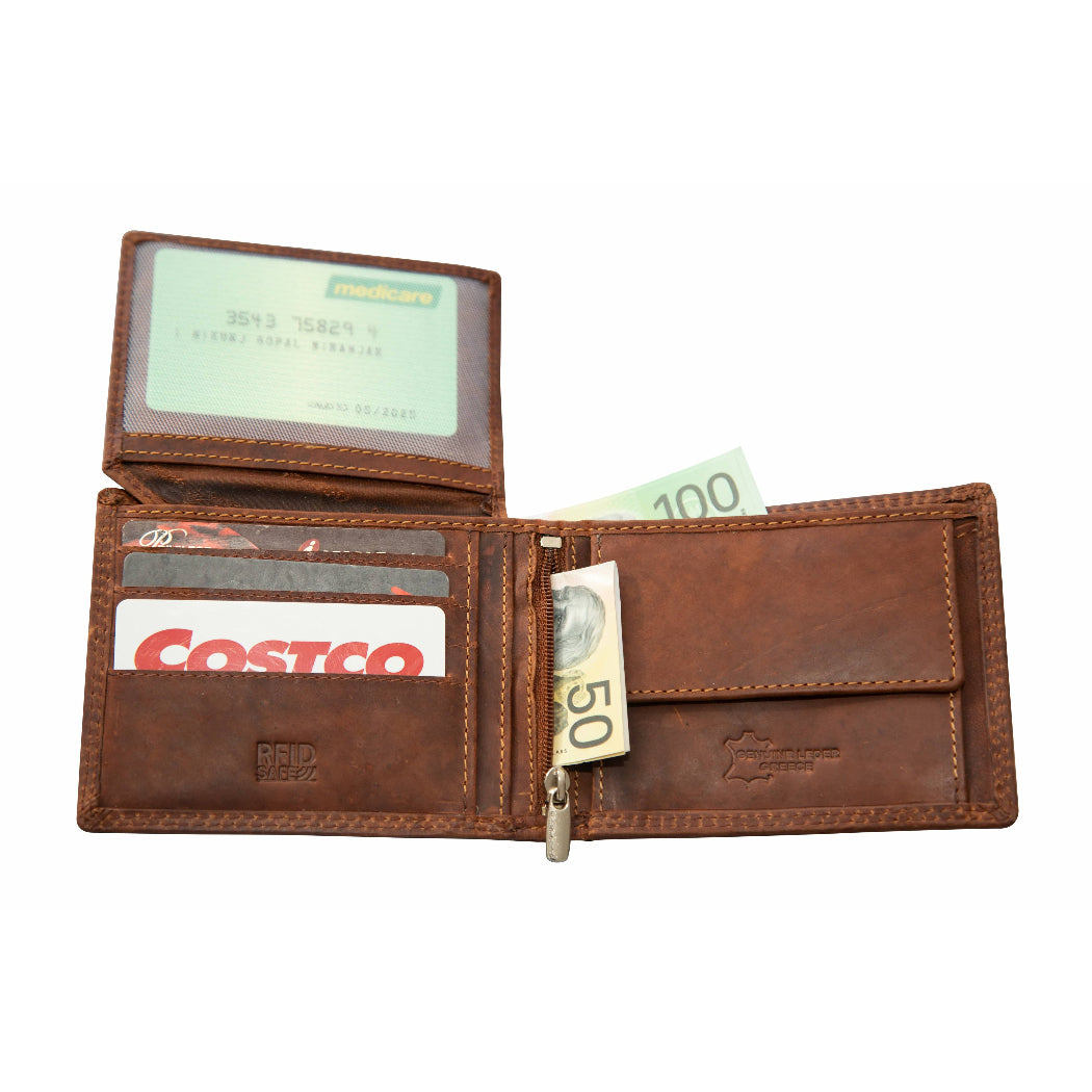An open brown leather bi-fold wallet shown against a white background, displaying its interior compartments, card slots, ID window, and cash pockets. Visible items include a Costco card, a 100 dollar bill, and a 50 dollar bill.
