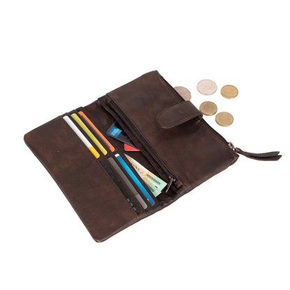 An open dark brown leather wallet with multiple card slots, a zippered compartment, and several coins placed beside it on a plain white background.