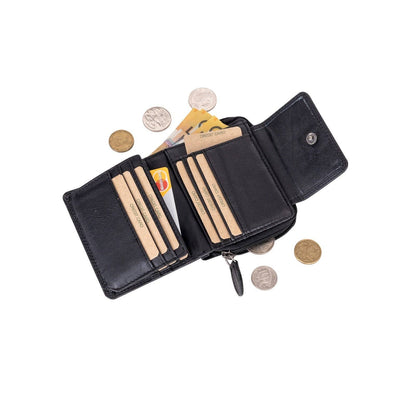 Black wallet with coins and cards on a white background