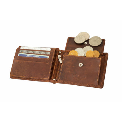 An open brown leather bi-fold wallet shown on a white background, with card slots, coin pockets, and metal coins visible inside.