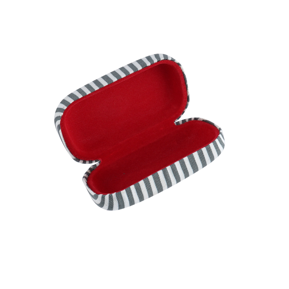 An open hard-shell small case with a gray and white striped fabric exterior and a bright red velvet interior, shown on a plain white background.