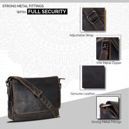 Brown leather messenger bag with security features on a gray background