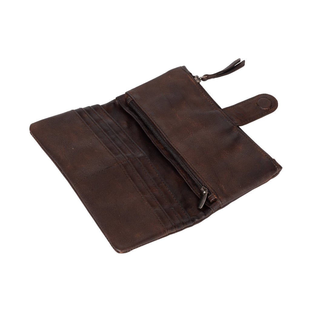 A dark brown leather wallet shown open, featuring multiple card slots on one side, a zippered pocket on the other, and a strap closure with a metal snap button.