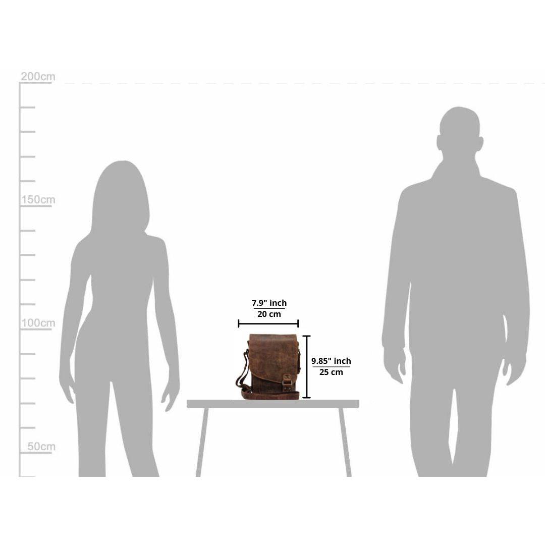 Measurement chart showing a bag's dimensions relative to a person and a table.