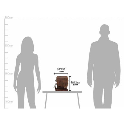 Measurement chart showing a bag's dimensions relative to a person and a table.