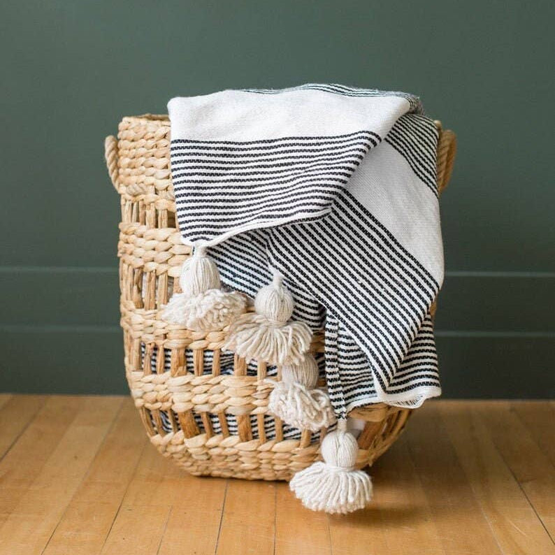 Striped Handwoven Cotton Blanket with Tassels, Black & White: 1.5 x 2 m