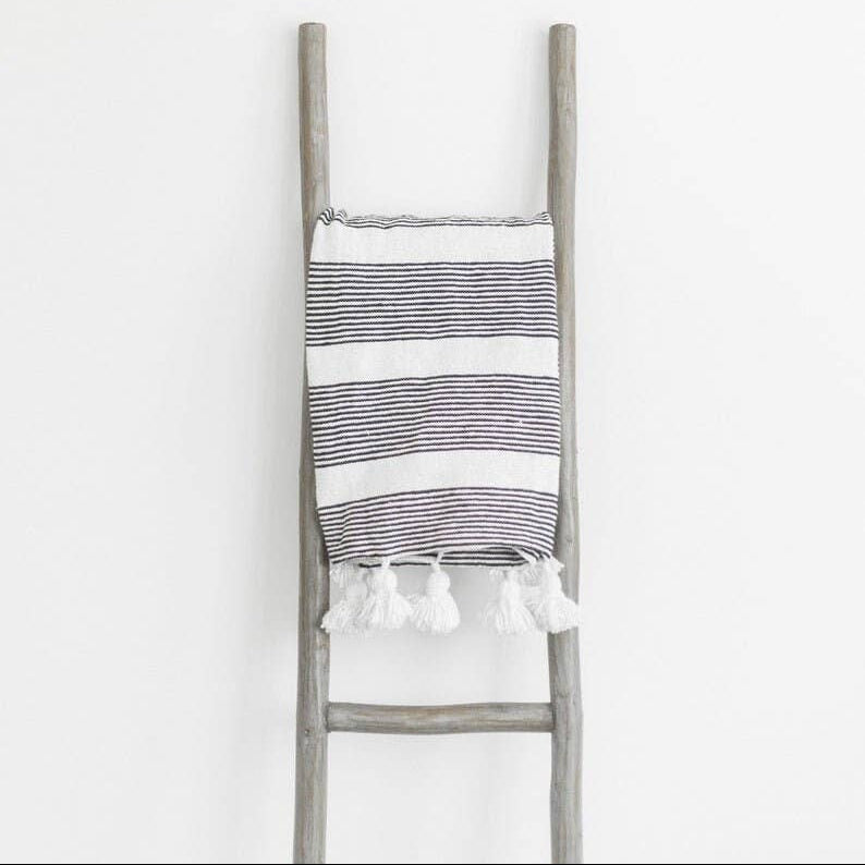 Striped Handwoven Cotton Blanket with Tassels, Black & White: 1.5 x 2 m