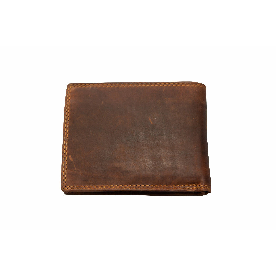 A brown leather bi-fold wallet with light tan contrast stitching, shown closed on a plain white background.