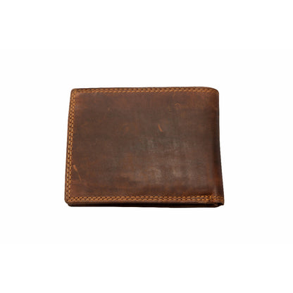 A brown leather bi-fold wallet with light tan contrast stitching, shown closed on a plain white background.