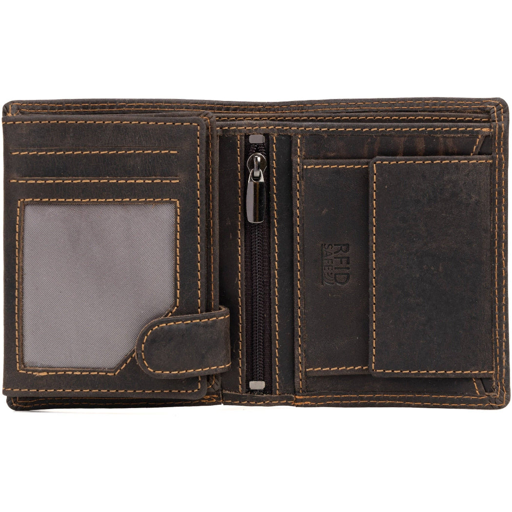 Brown leather wallet with multiple compartments on a white background