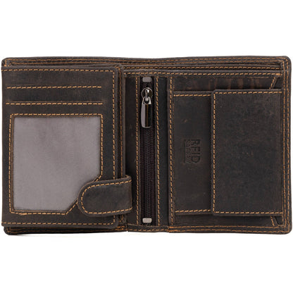 Brown leather wallet with multiple compartments on a white background