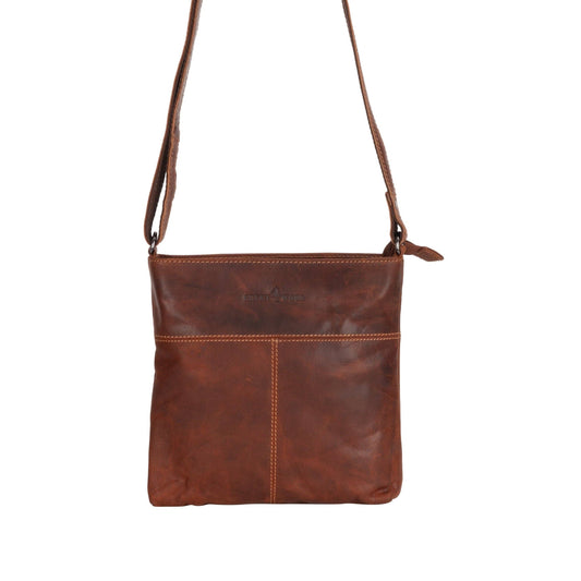Brown leather crossbody bag on a white background