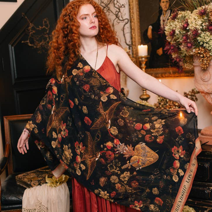 Heart of Gold Scarf with Swallows & Sacred Heart