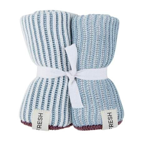 Pair of blue and white striped dishcloths with a white band and 'FRESH' label on a white background