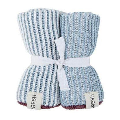 Pair of blue and white striped dishcloths with a white band and 'FRESH' label on a white background
