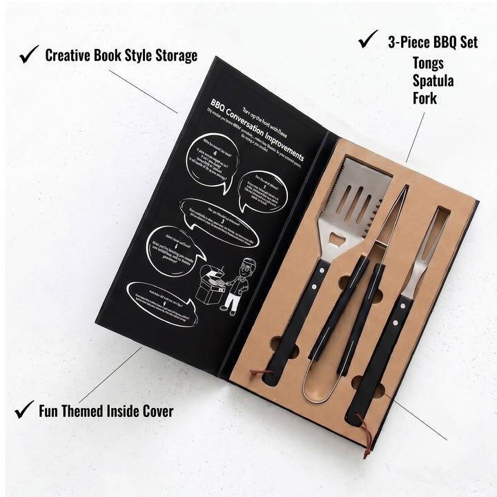 3-piece BBQ set with tongs, spatula, and fork in a book-style packaging on a white background.