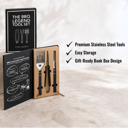 BBQ tool set with premium stainless steel tools in a gift-ready book box design on a white background.