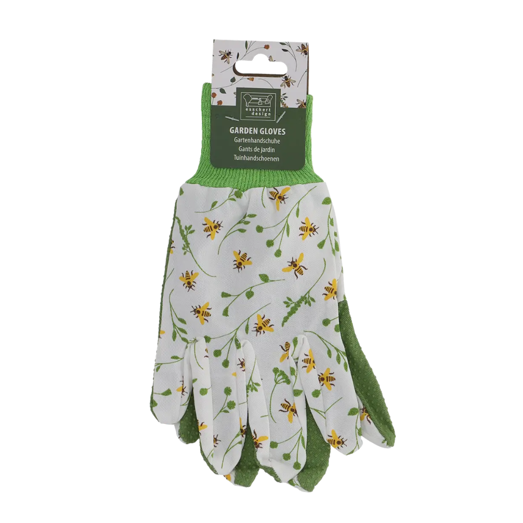Pair of gardening gloves with floral design on a white background