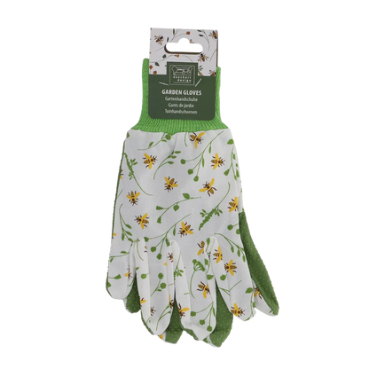 Pair of gardening gloves with floral design on a white background